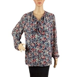 Pendleton Blouse Size 10 Blue Red Floral Tie Neck